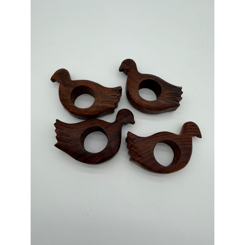 Vintage Napkin Rings 3.5" Brown Hand Crafted Wood Bird Set of 4 India